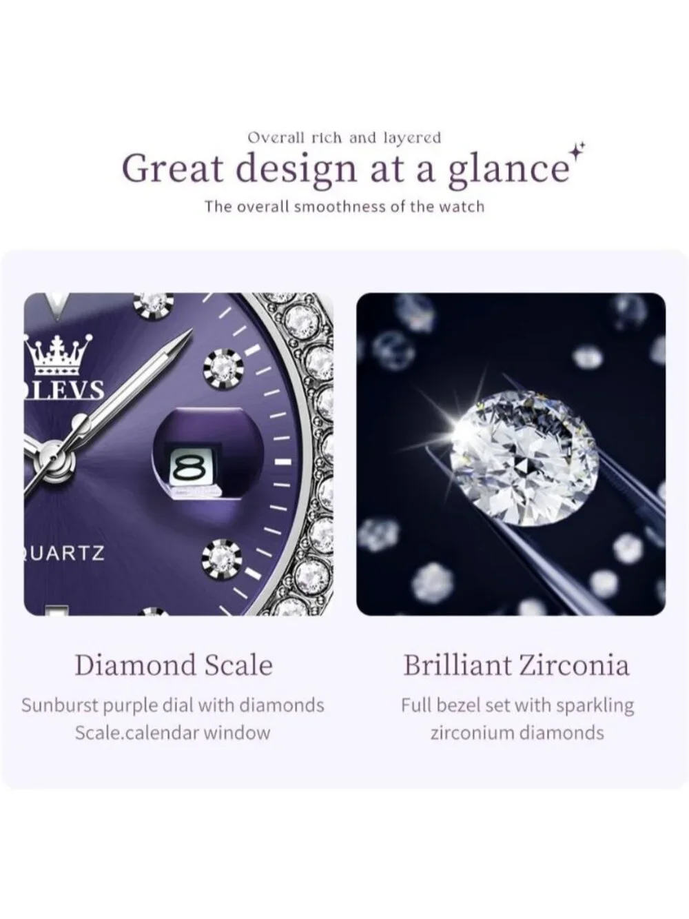 Women's Purple Luxury Diamond with Date Analog Quartz Waterproof Wrist Watch